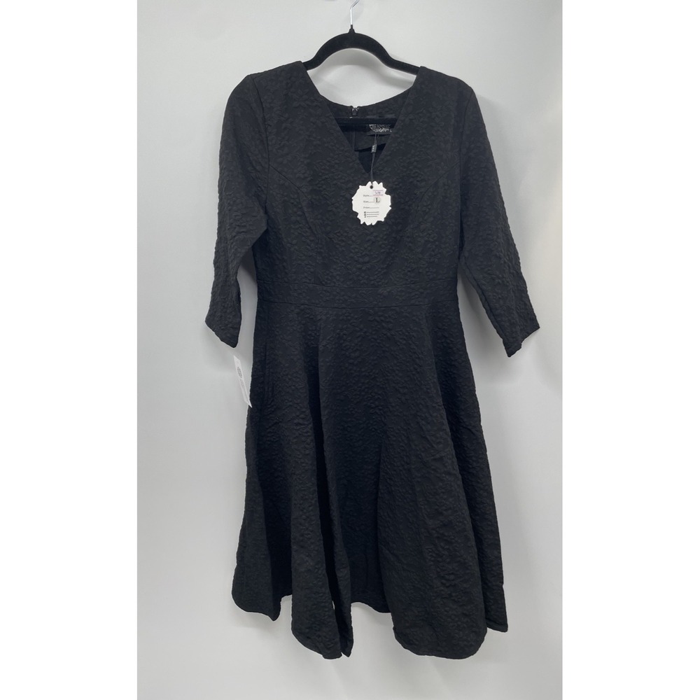 Heart & Roses Swing Dress Womens Large Piper Black Floral 3/4 Sleeve Cottage NWT